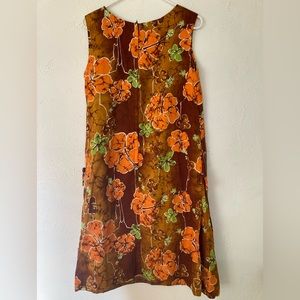 Royal Hawaiian Hawaii Vintage Dress Barkcloth 60s 70s Brown Orange Green Flowers